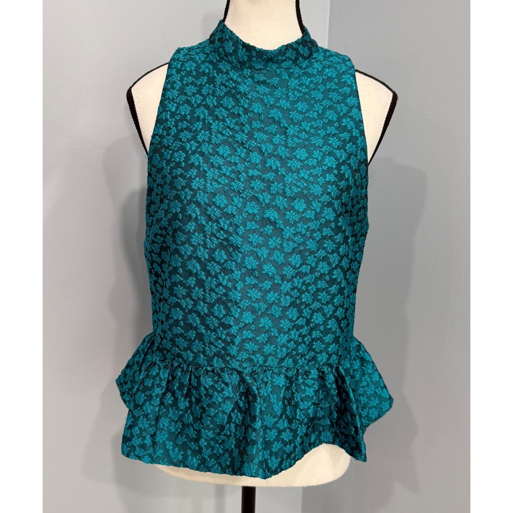 Amanda Uprichard Teal Black Floral Jacquard Peplum Mock Neck Top Blouse S